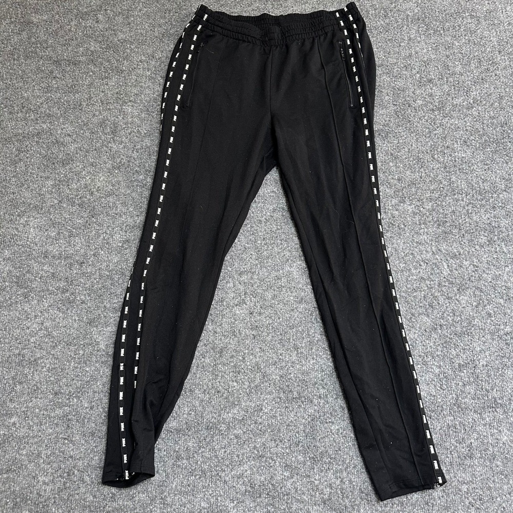 PINK Track Pants Womens Size M Black Logo Tape Side Stripe Zip Jogger Athletic
